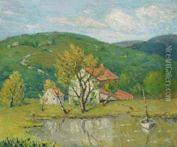 A Boat On An Inlet With A Farmhouse And Rolling Hills Beyond Oil Painting - Clark S. Marshall