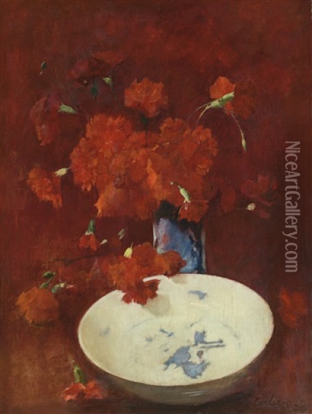 Red Carnations And Delft (red Carnations) Oil Painting - Emil Carlsen
