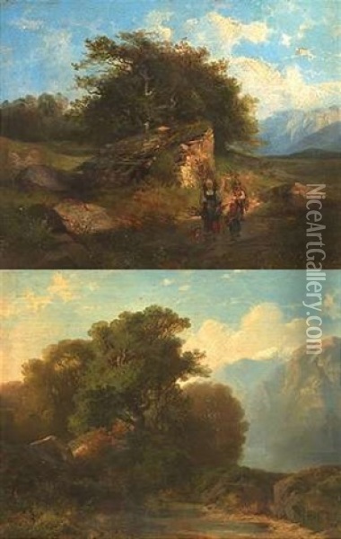 Parthie Aus Dem Berner Oberland (+ Parthie Vom Vierwaldstatter See; Pair) Oil Painting - Julius Bakof