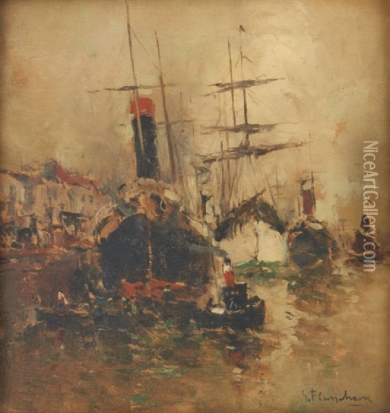 Vapeurs A Quai Oil Painting - Gustave Flasschoen