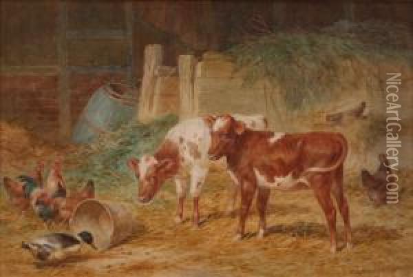 View Of A Farmyard With Two 
Calves Standing Beside Hens And A Duck Feeding From An Upturned Bucket Oil Painting - Claude Cardon