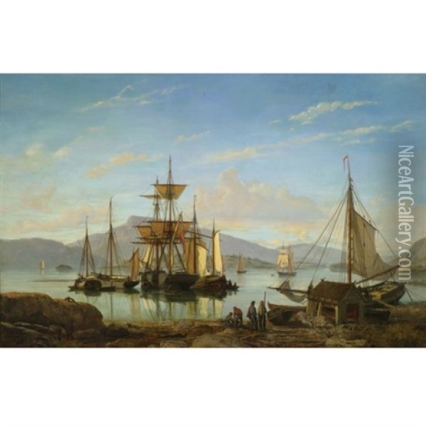 Ships In A Harbor Oil Painting - Johan Jakob Bennetter