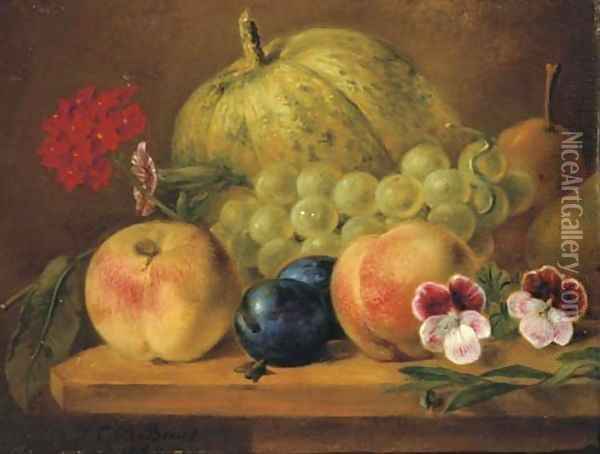 Fruits and flowers on a ledge Oil Painting - Cornelis Bernardus Buys