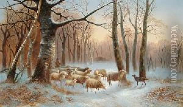 Drover And Sheep In A Wooded Landscape At Sunset Oil Painting - Alexis de Leeuw
