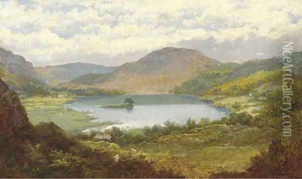 Sheep grazing in a mountainous lake landscape Oil Painting - Edmund Hughes