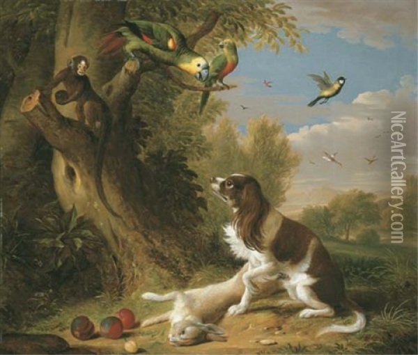 A Spaniel With A Dead Hare In A Landscape With Parrots And A Monkey In A Tree Oil Painting - Jakob Bogdani