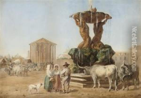 The Livestock Market By The Temple Of Vesta, Rome Oil Painting - H. Perry