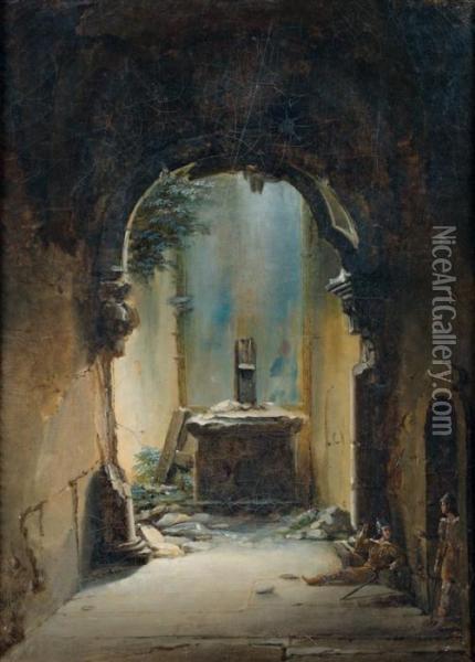 Le Repos Des Gardes Dans Des Ruines Romanes : < Le Chateau D'adolphe > Oil Painting - Charles Caius Renoux
