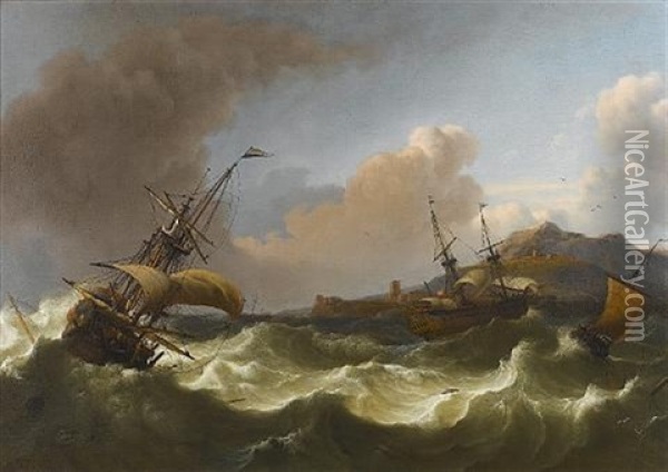 Dutch Shipping In Choppy Seas Off A Rocky Coastline Oil Painting - Ludolf Backhuysen the Elder