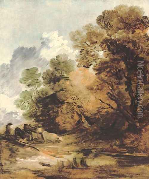 Wooded landscape with a herdsman driving cattle towards a pool Oil Painting - Thomas Gainsborough