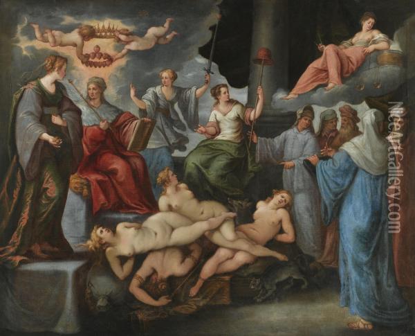 Triumph Of The Virtues Over The Vices Oil Painting - Paolo Fiammingo