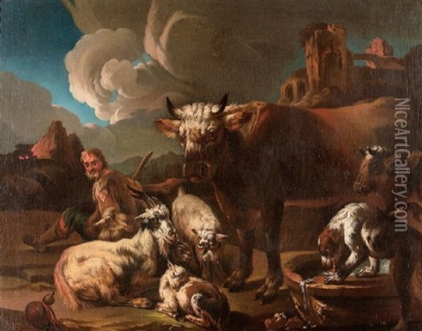 Lagernder Hirt Mit Herde Vor Arkadischer Landschaft Oil Painting - Jacob (Rosa di Napoli) Roos