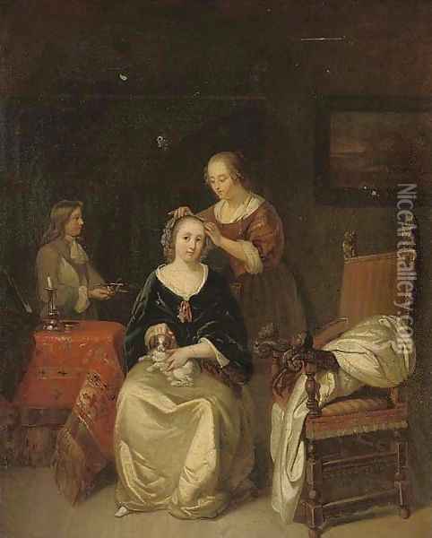 An elegant lady seated at her table with a dog on her lap, a maid tying ribbons in her hair Oil Painting - Gerard Terborch