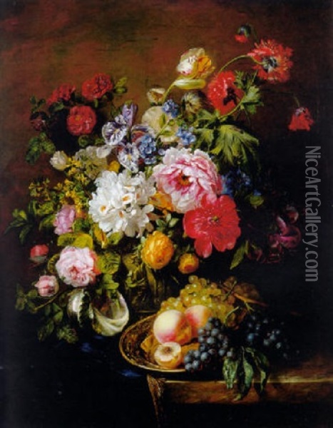 Roses, Peonies, Poppies And Other Flowers In A Terracotta Pot With Peaches And Grapes On A Copper Ewer On A Draped Marble Ledge Oil Painting - Adriana Johanna Haanen