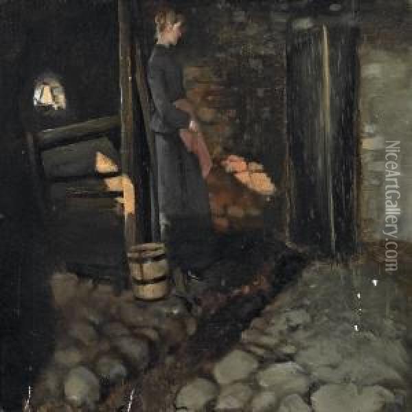 A Milk Maid In Astable Interior With Sunbeams Oil Painting - Hans Nicolaj Hansen