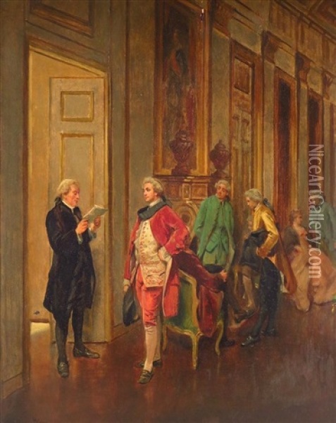Gentlemen & Ladies In An Interior Oil Painting - Maurice Blum