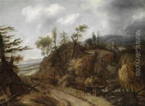 A Mountain Landscape With A Waterfall Oil Painting - Allart Van Everdingen