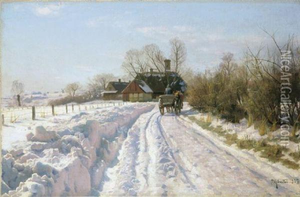 Danische Winterlandschaft Mit Einem Pferdekarren Oil Painting - Peder Mork Monsted