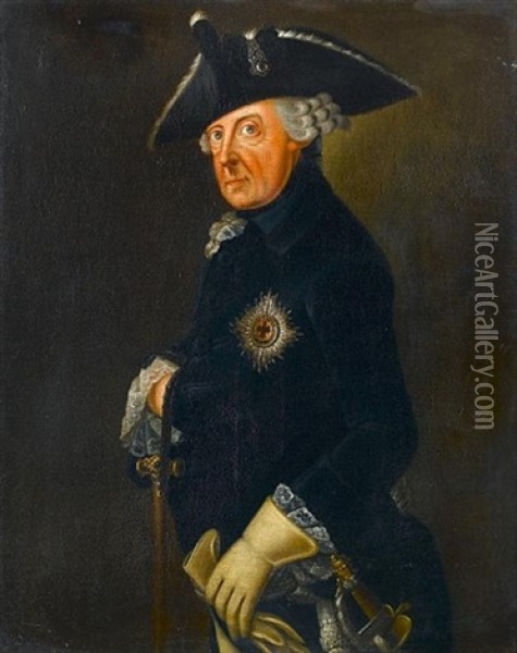 Portrait Of Frederick Ii Of Prussia, Three-quarter-length, In Military Uniform With A Tricorn Hat And The Badge Of The Prussian Order Of The Black Eagle Oil Painting - Johann Heinrich Christian Franke