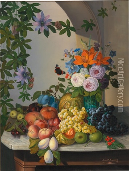 Still Life With Passion Flower And Fruit Oil Painting - Leopold Kuwasseg