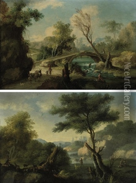 A Wooded River Landscape With Travelers Approaching A Bridge (+ A Wooded River Landscape With A Drover And His Herd; Pair) Oil Painting - Paolo Anesi