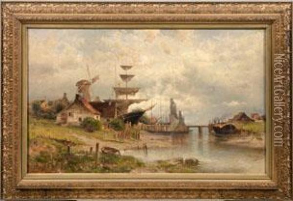 Kleiner Friesischer Hafen Mit Segelschiffwerft Oil Painting - Paul Koken