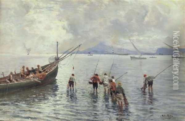 Vongolari Nel Golfo Di Napoli Oil Painting - Attilio Pratella