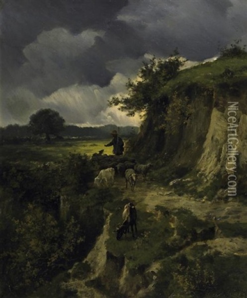 Schafer Mit Seiner Herde Auf Dem Weg. Aufziehende Gewitterstimmung Oil Painting - Clement (Charles-Henri) Quinton