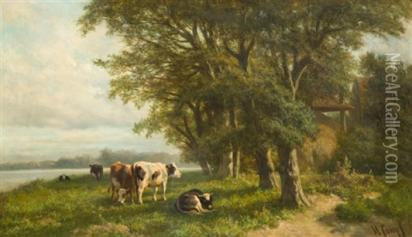 Weidende Kuhe Am Flusufer Oil Painting - Hendrik Savry