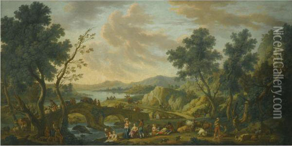 A Rocky Landscape With Peasants And Their Herd Beside Theriver Oil Painting - Vittorio Amedeo Cignaroli