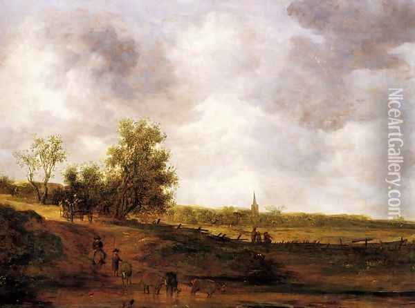 A rural landscape with peasants and a drover by a track, a village beyond Oil Painting - Jan van Goyen