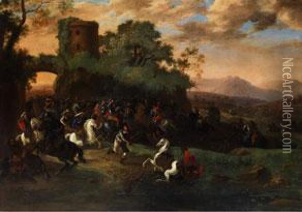 Reitergefecht In Landschaft Mit Vom Pferd Gesturztem Hauptmann Oil Painting - Jan von Huchtenburgh
