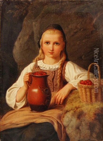 Sitzendes Madchen Mit Blonden Zopfen, Einen Krug Mit Erdbeeren In Der Hand Haltend Oil Painting - Johann Georg Meyer von Bremen