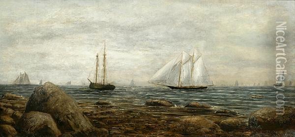 A Racing Schooner Off The Coast With Othershipping Oil Painting - James Gale Tyler