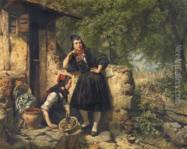 Zwei Hessische Madchen (in Biedenkopfer Tracht) Vor Stadtkulisse Mit Einem Festumzug (hochzeit?) Oil Painting - Carl Wilhelm Huebner