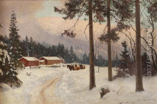 Vinterlandskap Med Hest Og Slede Oil Painting - Nils Severin Lynge Hansteen