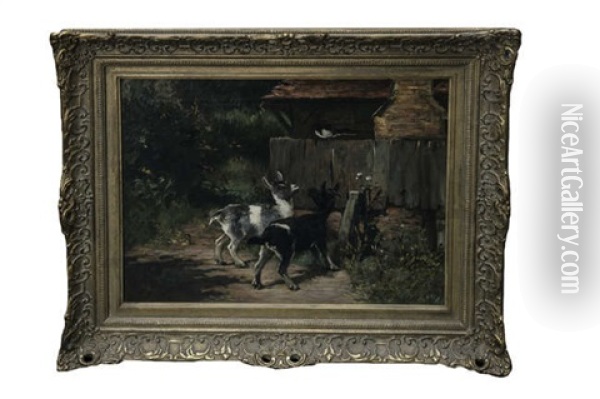 Two Goats And A Magpie Oil Painting - John Emms