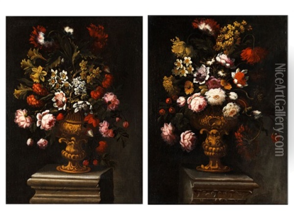 Gemaldepaar Mit Blumenstilleben In Prunkvasen Auf Einem Marmorsockel (pair) Oil Painting - Bartolommeo Bimbi