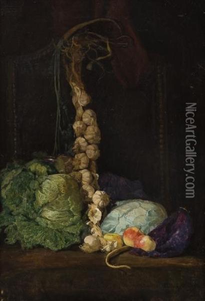 Still Life With Cabbage, Garlic And Apples Oil Painting - Kitty Christine Kielland