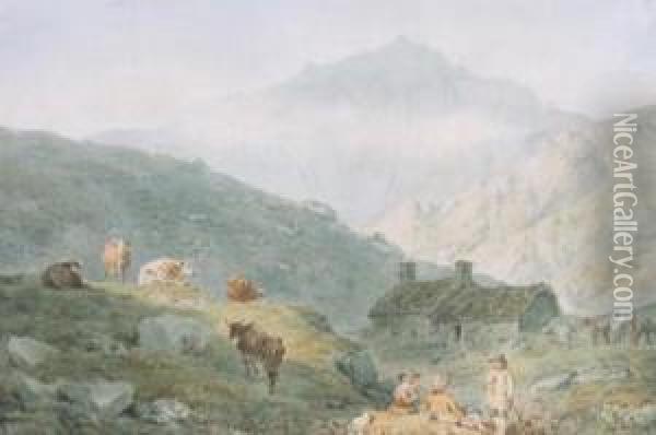 Figures By A River In A Mountain Landscape; Figures And Cattle By A Mountain Cottage Oil Painting - Nicholas Pocock