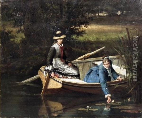 Two Girls In A Boat Picking Water Lilies Oil Painting - Erskine Nicol