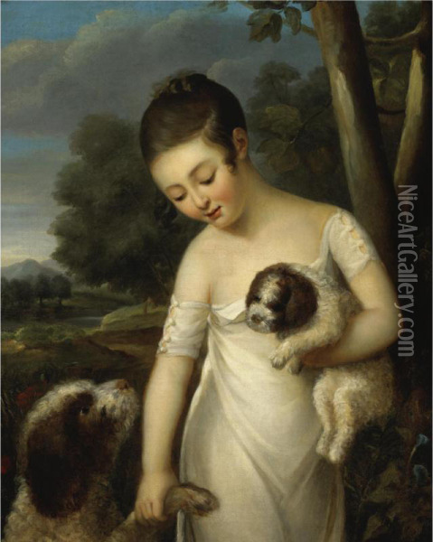 Young Girl With Dogs Oil Painting - Vladimir Lukich Borovikovskii