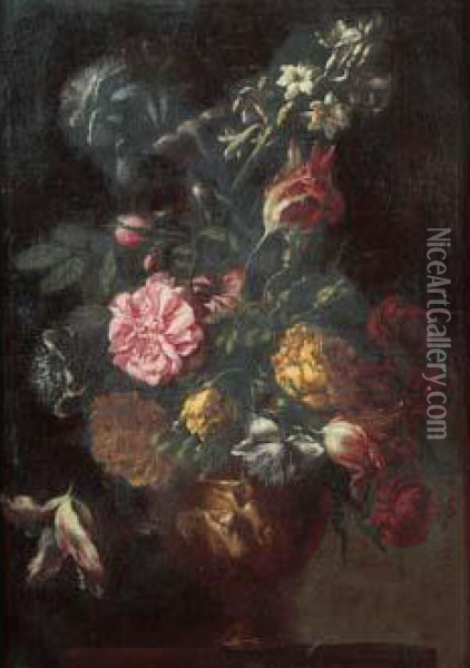 Bouquet De Fleurs Dans Un Vase Sculpte Sur Un Entablement Oil Painting - Mario Nuzzi Mario Dei Fiori