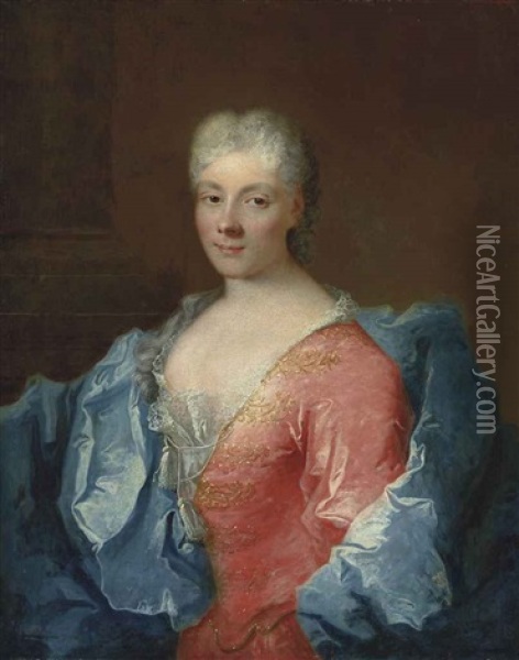 Portrait Of A Lady, Half-length, In A Pink Embroidered Dress And Blue Wrap Oil Painting - Robert Levrac-Tournieres