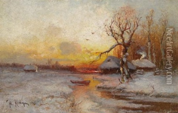 Winter Sunset Oil Painting - Yuliy Yulevich (Julius) Klever