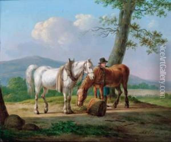 A Farmhand With His Horses Oil Painting - Anthony Oberman