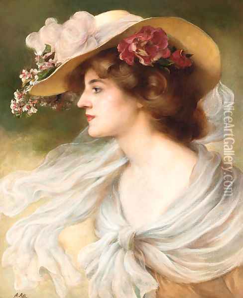 Une elegante au chapeau Oil Painting - Angelo Asti