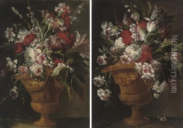 Tulips, Roses, Narcissi And Other Flowers In A Sculpted Urn (+ Roses, Chrysanthemums, Narcissi, Bluebells And Other Flowers In A Sculpted Urn; Pair) Oil Painting -  Pseudo Guardi