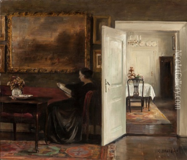 Reading On A Quiet Afternoon Oil Painting - Carl Vilhelm Holsoe