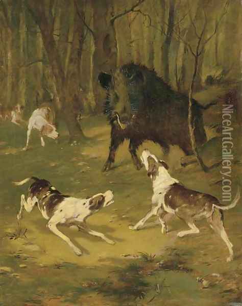 Boar Hunting in a Forest Oil Painting - John Emms